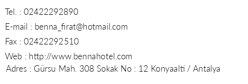 Benna Hotel telefon numaralar, faks, e-mail, posta adresi ve iletiim bilgileri